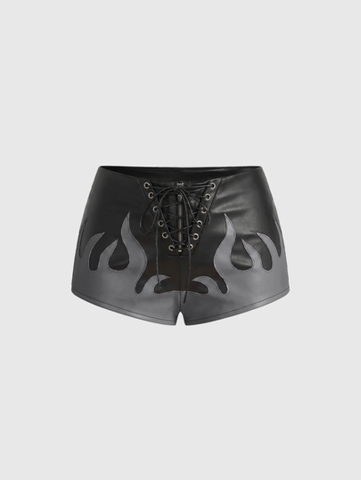 Grunge Punk Summer Music Festival Outfit Punk Colorblock Flame Embroidered Ultra Low Waist Tight PU Shorts