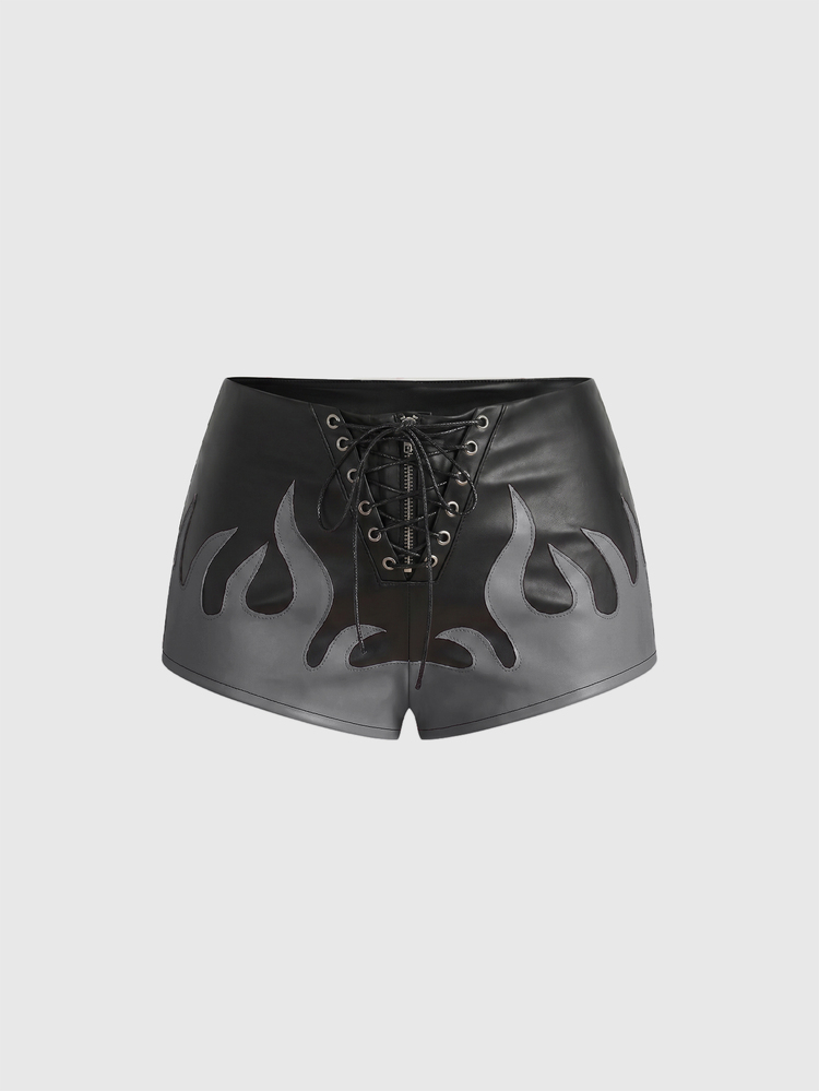 ROMWE Grunge Punk Summer Music Festival Outfit Punk Colorblock Flame Embroidered Ultra Low Waist Tight PU Shorts - Grey - View 1