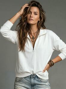 LUMIGAL Women's Half Zip Collar Sweatshirt, Ribbed Panel Long Sleeve Loose Fit Casual Basic Pullover Sweatshirt Top Everyday Travel White Autumn - White - View 6