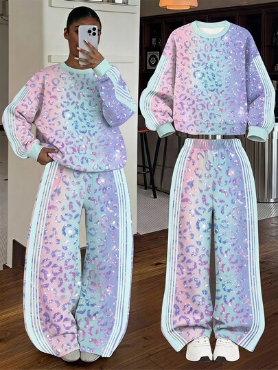 Dreamy Gradient Glitter Thick Casual 2-Piece Set, Pink Blue Purple Soft Transition Gradient Base Color Sweet And Personalized. Round Neck Dropped Shoulder Sweatshirt Paired With Wide Leg Long Pants, Perfect For Daily Outings, Home Leisure, Party Wear, Easily Creating An Eye-Catching European And American Sweet Cool Style Look.