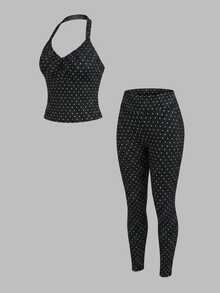 Sweetra Set Olahraga Yoga Tanpa Jahitan Wanita Motif Polkadot Hitam Putih - Hitam dan Putih - View 1