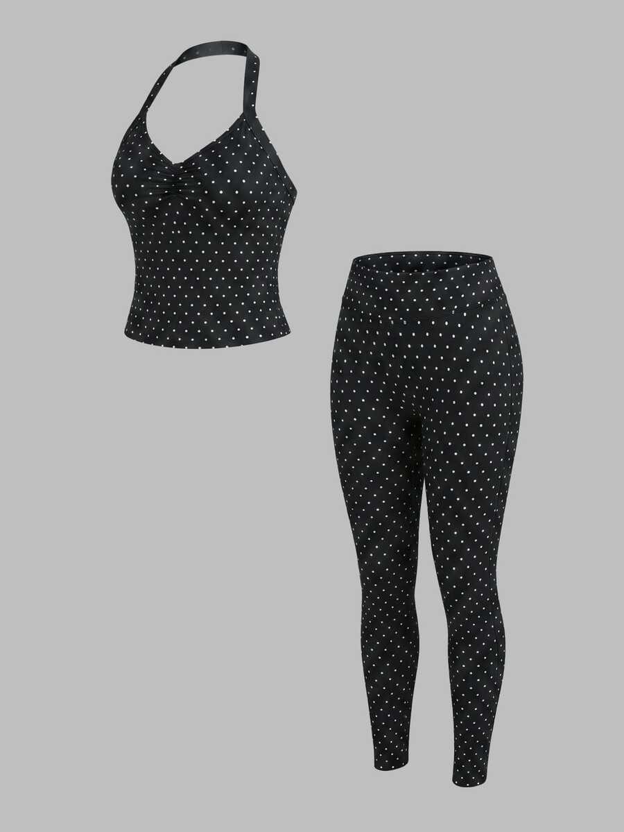 Sweetra Set Olahraga Yoga Tanpa Jahitan Wanita Motif Polkadot Hitam Putih - Hitam dan Putih - View 1