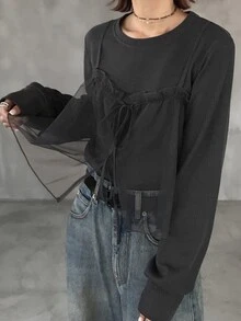 FRIFUL 女款圓領純色長袖上衣與網紗吊帶背心時尚兩件套 秋季 - 灰色 - 查看 1