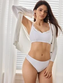 Ocili 1pc Striped Fabric Eyelash Lace Patchwork Wireless Seamless Push-Up Side-Smoothing Tank Bra Lingerie For Women - White - View 6