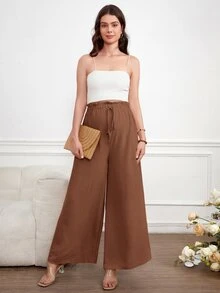 SHEIN 孕婦純色可調腰圍休閒日常寬腿長褲 - 棕色 - 查看 4