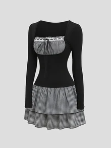 Sweetra Women's Autumn/Winter Fashion Design American Retro Black & White Small Checkered Double Layer Ruffle Patchwork Black Knit Fitted Slimming Sweet Lace Trim Long Sleeve Short Dress - Black - View 1