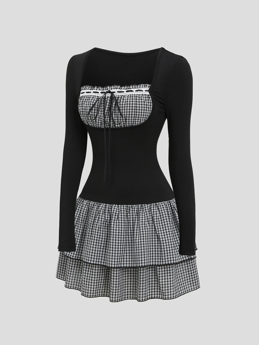 Sweetra Women's Autumn/Winter Fashion Design American Retro Black & White Small Checkered Double Layer Ruffle Patchwork Black Knit Fitted Slimming Sweet Lace Trim Long Sleeve Short Dress - Black - View 1