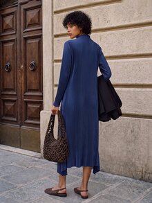 EastFlair Gaun Midi Lengan Panjang Berlipit Biru Elegan untuk Wanita, Cocok untuk Pesta Kantor Musim Gugur/Dingin - Navy Blue - View 6