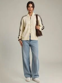 SHEIN Tall New Chinese Style Frog Button Cardigan Jacket (Stand Collar Long Sleeve) - Apricot - View 2
