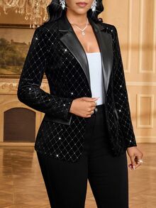 SHEIN Lady 女款鑽石格紋絎縫休閒百搭通勤西裝外套 - 黑色 - 查看 7