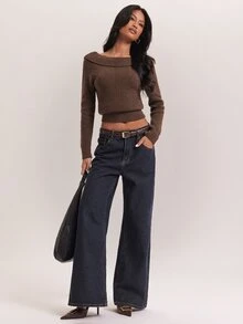 SHEIN BAE Autumn/Winter New Vintage Maillard Style Folded Collar Back Large U-Shaped Open Back Metal Buckle Design Ribbed High Waist Cinched Long Sleeve Women's Sweater - Coffee Brown - View 4