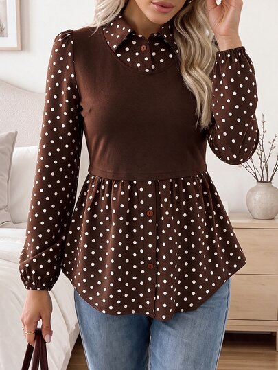 Easowa Casual Women's Autumn/Winter Polka Dot Patchwork Long Sleeve Top