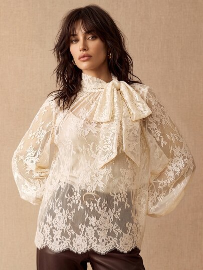 CielaLinda Damen bestickte Mesh Bluse, Schleife am Hals, transparentes Langarm Oberteil, feminine romantische Bluse