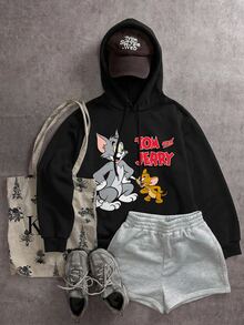 TOM & JERRY X SHEIN SHEIN EZwear 女款卡通圖案休閒日常運動衫 - 黑色 - 查看 7