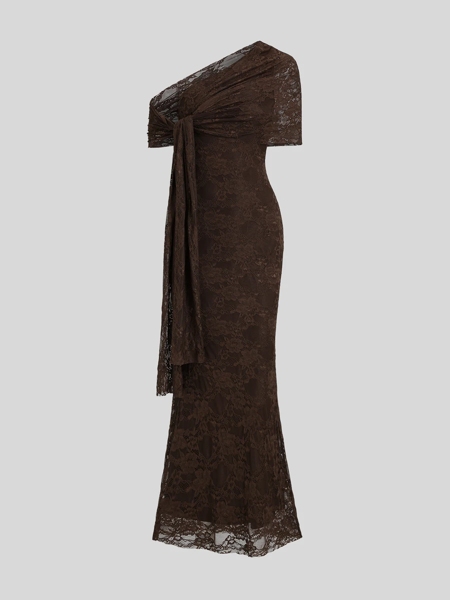 Sweetra Women's One-Shoulder Fitted Maxi Dress With Versatile Shawl, Elegant And Sexy, Party And Banquet Style - Brown - View 1