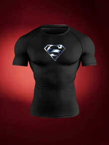 SUPERMAN X SHEIN 男士字母印花短袖修身運動T恤 - 黑色 - 查看 3