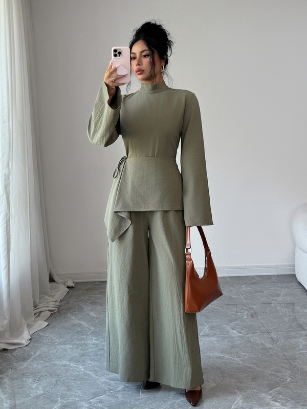 Elenzga Women's Autumn/Winter Fashion Elegant Solid Color Cotton Blend Fabric Stand Collar Flared Sleeve Tie Waist Asymmetrical Hem Flared Leg Jumpsuit