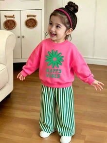 秋冬女童幼兒休閒清新綠色花卉字母印花圓領衛衣＋寬腿褲 2件套，返校、聖誕節、萬聖節 - 彩色 - 查看 3