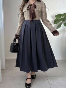 Dazy Plus Elastic Waist Pleated A-Line Fun Commute Versatile Long Skirt - Navy Blue - View 5