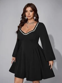 Viva Relle Plus Size Black Waist-Cinching Square Neck Decorated Long Sleeve Party Dress, Autumn/Winter Fall - Black - View 3
