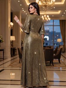 Auveirra Plus Size Women's Colorblock Casual Party Dress - Gold - View 2
