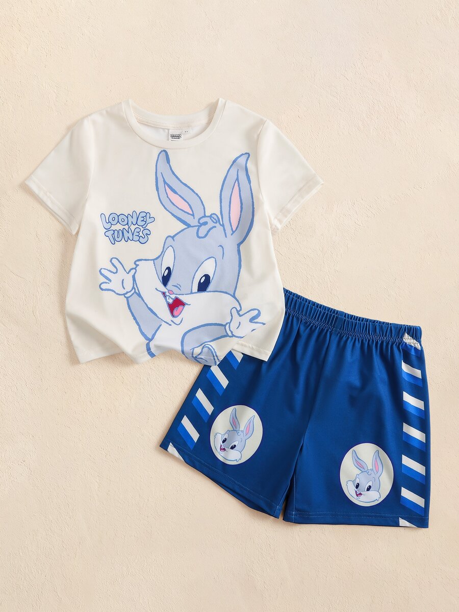 LOONEY TUNES X SHEIN Young Boy Cartoon Print Short Sleeve T-Shirt And Shorts Casual Daily Outfit - Apricot - View 1