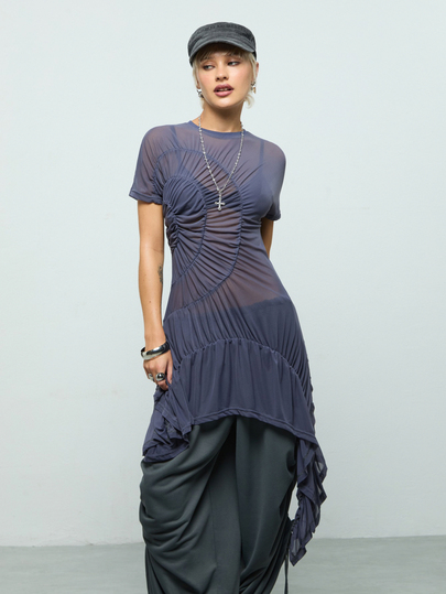 COUREZ Robe midi en maille froncée / Robes Y2K pour femmes pour sortir Hauts
