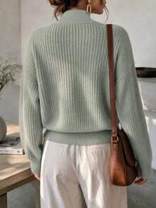 Balvessa Vertical Ribbed Texture Deep V Open Front Dropped Shoulder Ribbed Cuff Long Sleeve Side Slit Front Tie Knot Cropped Casual Women's Cardigan - Green - View 2