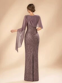 Serin Elegant Sequin Luxurious Diamond Embroidered Lace Patchwork Chiffon Flounce Fitted Mermaid Evening Gown For Wedding Formal Wedding Guest Mauve Fall - Bronze - View 3
