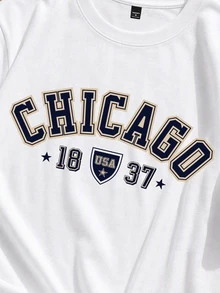 Manfinity Joysei 男士極簡主義 Chicago 字體圖案白色修身 T 恤 - 白色 - 查看 2