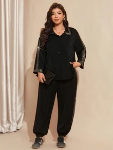 Comfylo Plus Size Sequin Long Sleeve Shirt And Cuffed Pants 2 Pieces Set - Black - View 3