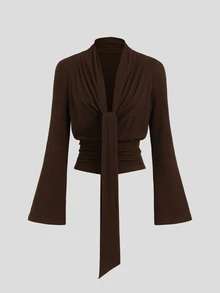 Sweetra Y2K Elegant Versatile Tie-Front Ruched Waist Top - Coffee Brown - View 6