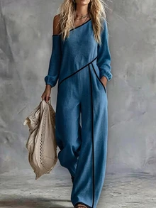 SHEIN Holidaya Jumpsuit Wanita Musim Semi/Panas/Musim Gugur Motif Aprikot, Bahu Asimetris, Garis Kontras Hitam, Lengan Panjang, Potongan Pinggang Rapi, Kaki Lebar - Biru - View 4