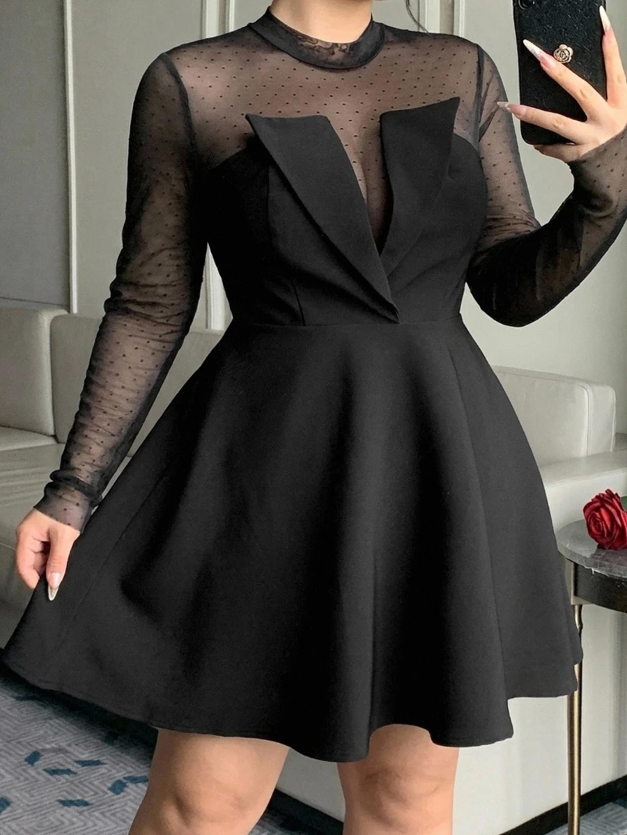 Dazy Plus Black Wedding Banquet Ball Party Fitted Elegant 2 In 1 Shirt Dress - Black - View 1