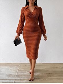 SHEIN Lady Gaun Midi Polos Pas Badan untuk Wanita, Cocok untuk Perjalanan Sehari-hari - Rust Brown - View 3