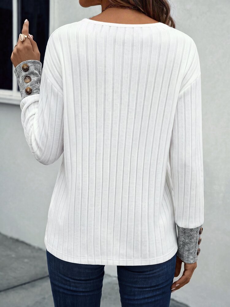 Selamara Fashion Casual Basic V-Neck Grey T-Shirt With White Collar And Cuffs, Fleece Striped Fabric, Button Detail On Cuffs For Women - Multicolor - View 2