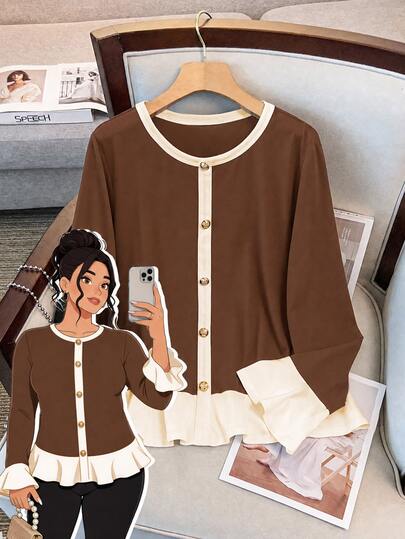 GlowEve CURVE เสื้อยืดผู้หญิงไซส์ใหญ่ขายดี สไตล์เรียบหรูลำลอง แต่งระบายขอบ สีตัดกัน แขนยาวทรงกระดิ่ง คอกลม ประดับกระดุม ดีไซน์ตัดเย็บมินิมอล