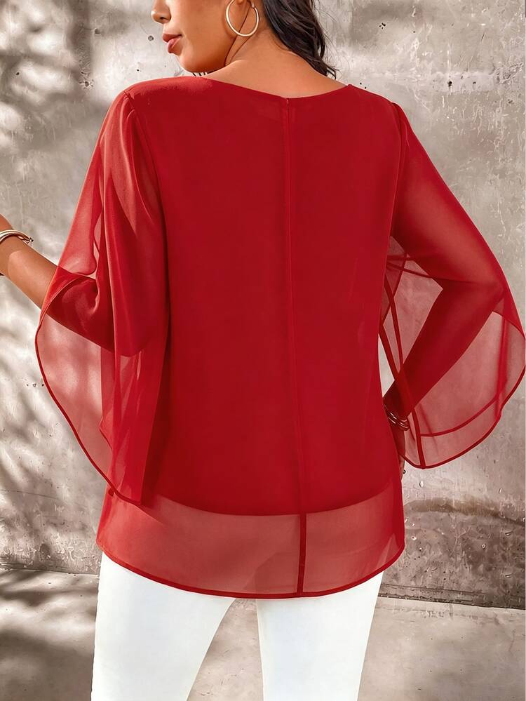 SHEIN LUNE Plus Size Women's Sheer Blouse With Plus Size Bell Sleeves, Slimming And Elegant - Red - View 2