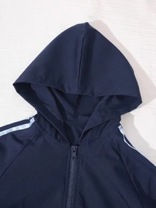 SHEIN 3 قطع/مجموعة ملابس هودي وسويت شيرت للفتيات المراهقات، ملابس الخريف، جاكيت قصير مفتوح من الأمام بأكمام طويلة، توب كاميسول أبيض - أزرق بحري - مشاهدة 4
