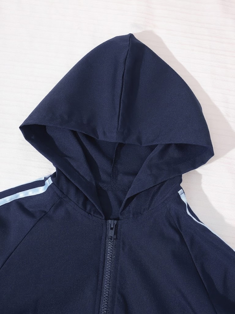 SHEIN 3件組青少年女孩連帽衛衣套裝，秋季穿搭，長袖開襟短版夾克，白色細肩帶背心上衣 - 藏蓝色 - 查看 4