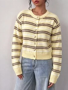 SHEIN BASICS Women's Casual Cardigan, Autumn/Winter Clothing, Y2K Style, Striped Cardigan - Yellow - View 5