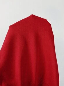 SHEIN 春夏對比色波浪邊針織開襟衫 女款 V 領短袖鈕扣甜美日常款 - 紅色 - 查看 8