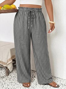 SHEIN Frenchy 女款大尺碼休閒度假條紋長褲 - 灰色 - 查看 6