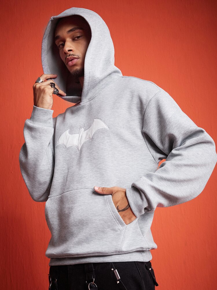 ROMWE MEN Batman X ROMWE Men's Collaboration Applique Embroidery Pattern Loose Fit Hoodie - Grey - View 6