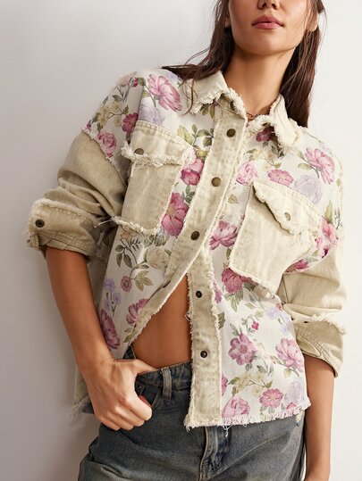 Bohemela Chaqueta casual de mujer con patchwork tejido, holgada y lavada