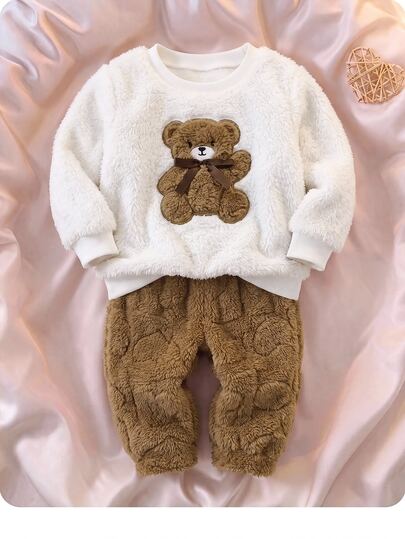 SHEIN Babygirl Cute Casual Autumn/Winter Cartoon Pattern Long Sleeve Sweatshirt & Elastic Waist Long Pants Set