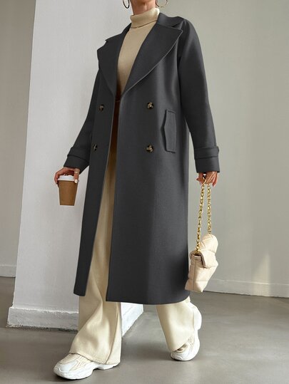 Aveloria Modichic Casaco casual elegante para mulher, tamanho petite, cinzento escuro, cor lisa, de lã, com gola de fato de abotoamento duplo e bolso, para escritório, outono/inverno