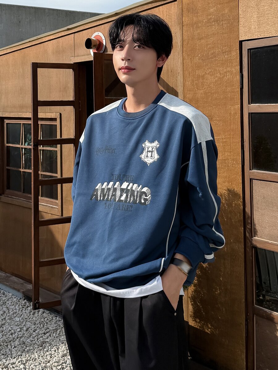 DAZY Navy Blue Shoulder Patchwork Letter Print Contrast Drawstring Design Fleece Pullover Sweatshirt For Men - Blue - View 1