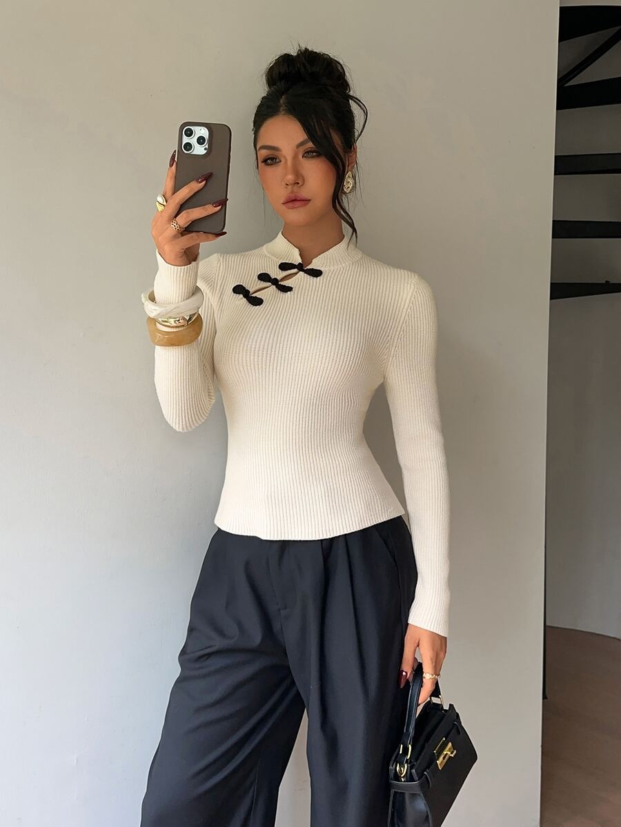 Siren Gaze Women's Chinese Style Fitted Long Sleeve Sweater With Frog Button Design - White - View 1