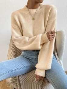 SHEIN 女款極簡優雅杏色圓領針織燈籠袖套頭衫，適合日常購物、休閒、度假、旅行、約會 - 杏色 - 查看 6